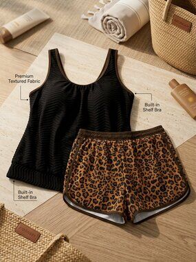 AIDONGER Black Tank and Leopard Shorts Two-Piece Swimsuit